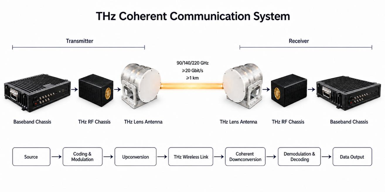 Block diagram of the coherent THz communication system: Baseband Chassis, THz RF Chassis, THz Lens Antenna, THz Wireless Link, receiver chain and data output